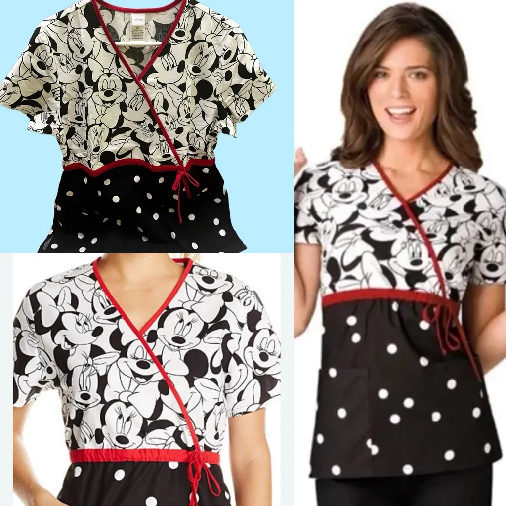 Disney Black and White Scrub  Blouse with Tie Front size M - Image 2