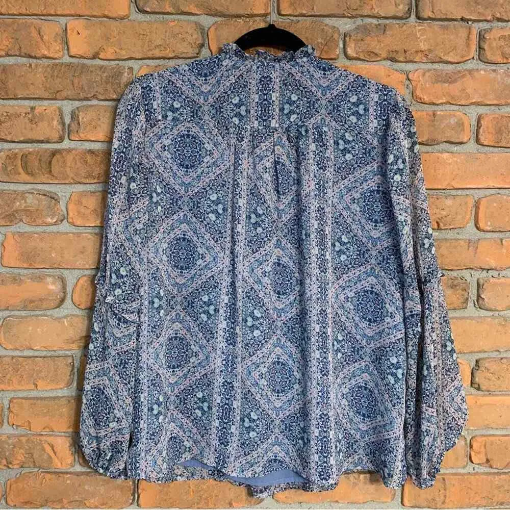 Westport Blouse Womens Small Blue Long Sleeve Paisley Print Ruffle Neck Boho Top - Image 2