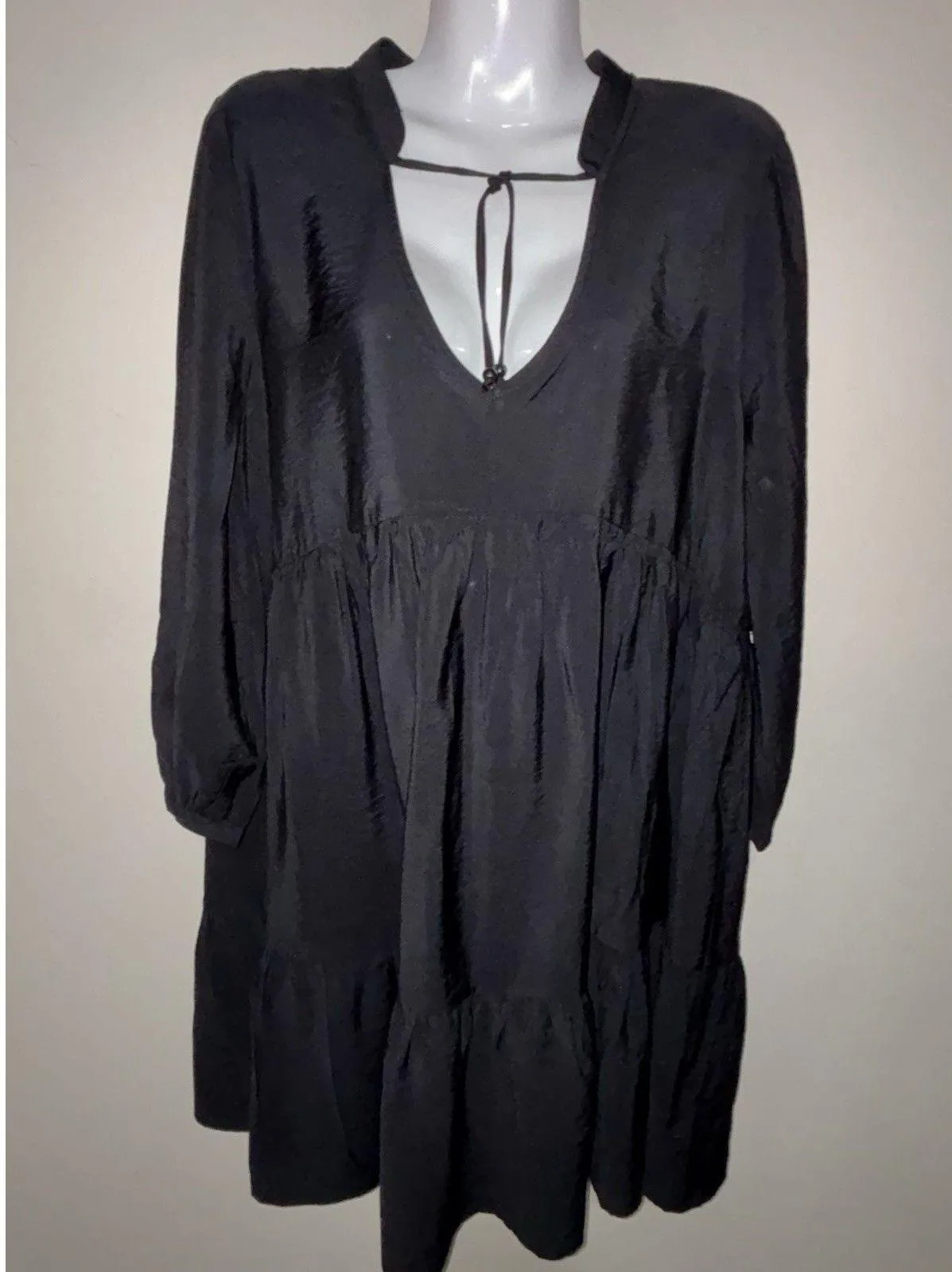 Ellen Tracy Women Black Casual Split Neck Tiered Sheer Flared Ruffled Dress M - Image 12