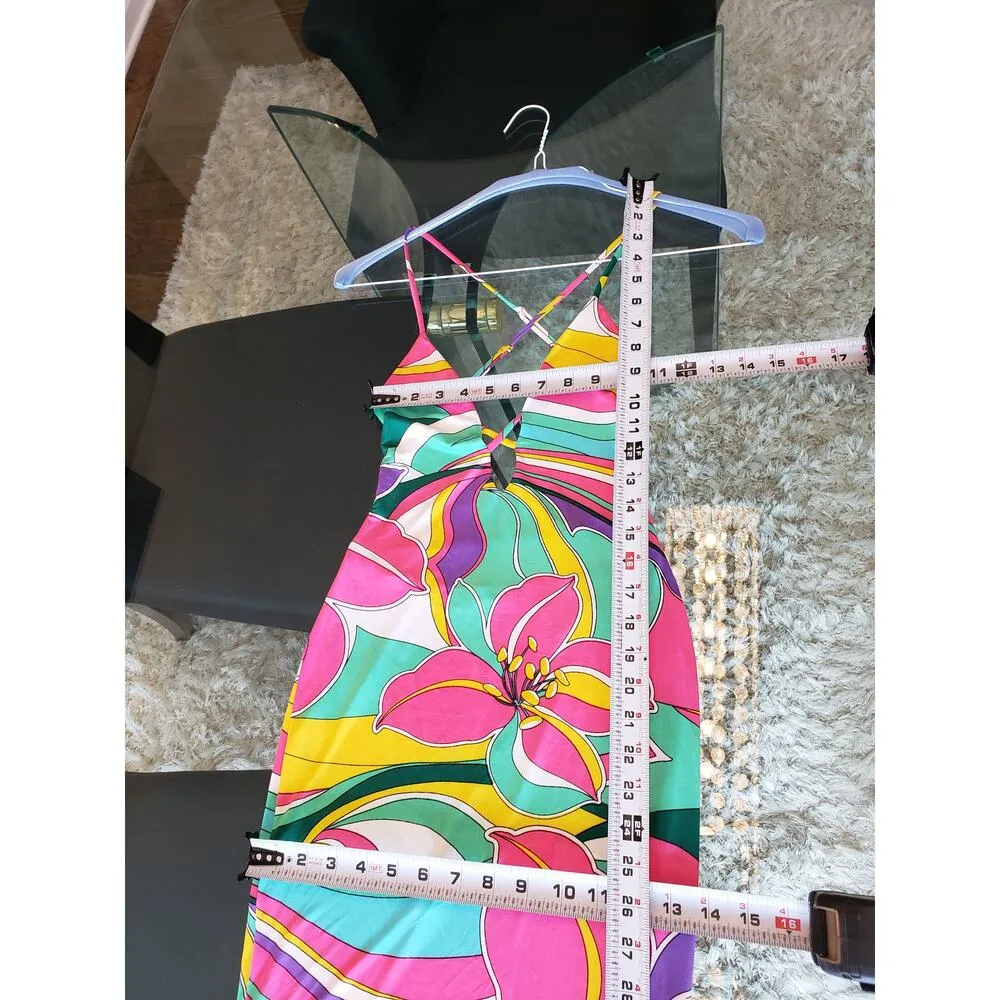 Spring Haze Long Maxi Dress Women's S Multicolor Floral Cutout Open Back V Neck Pink - Image 8