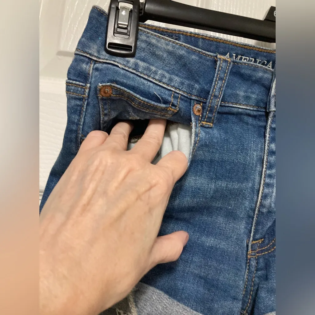 American Eagle Outfitters Medium Wash High Rise Ripped Shortie Denim Shorts - Image 8