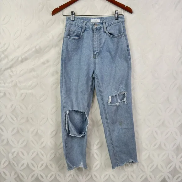 OAK+FORT High Rise Ripped Distressed Mom Baggy Raw Hem‎ Cropped Jeans Size 25 Blue - Image 3