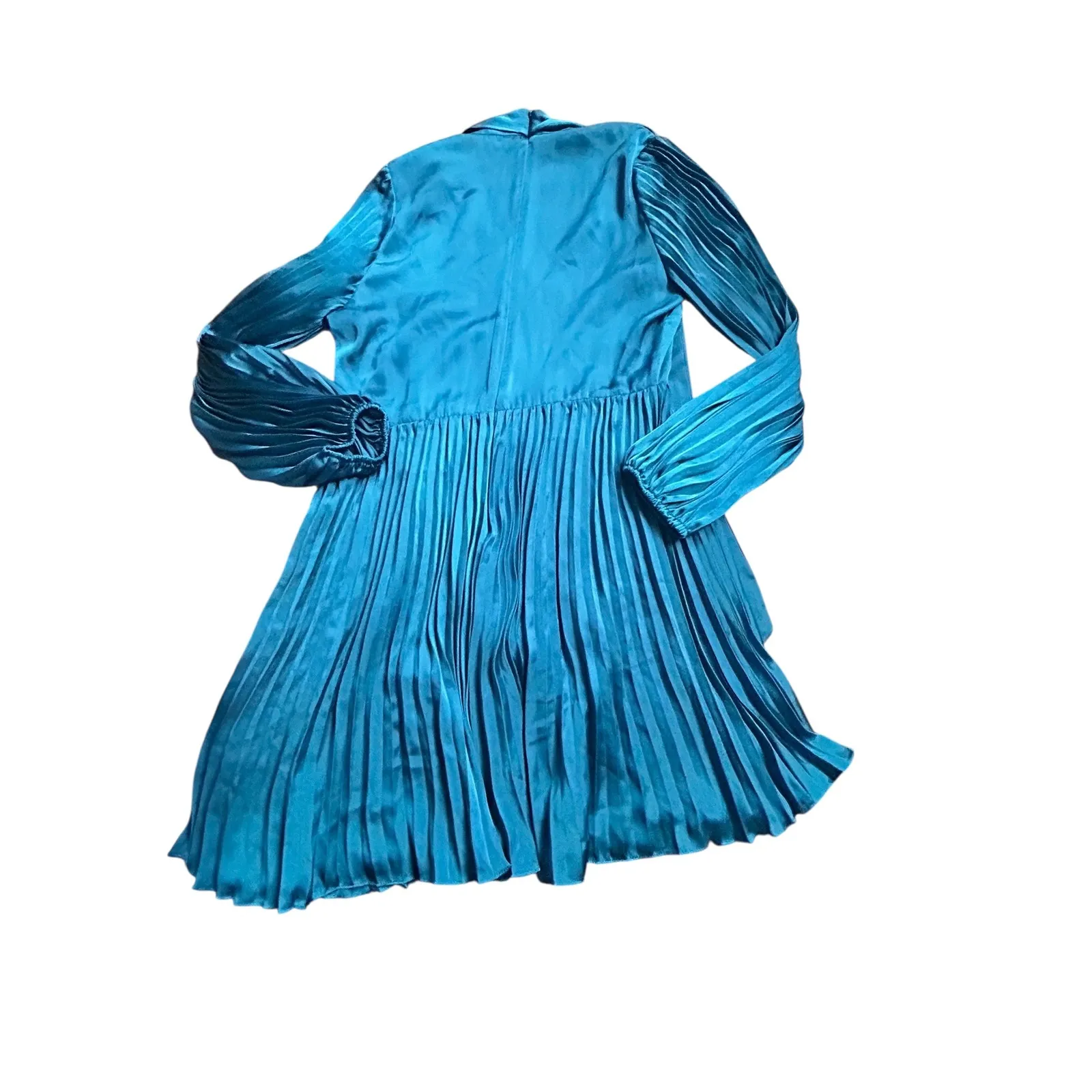 ML Monique Lhuillier Ceramic Blue Satin Bow Neck Pleated Midi Dress Size 8 - Image 6