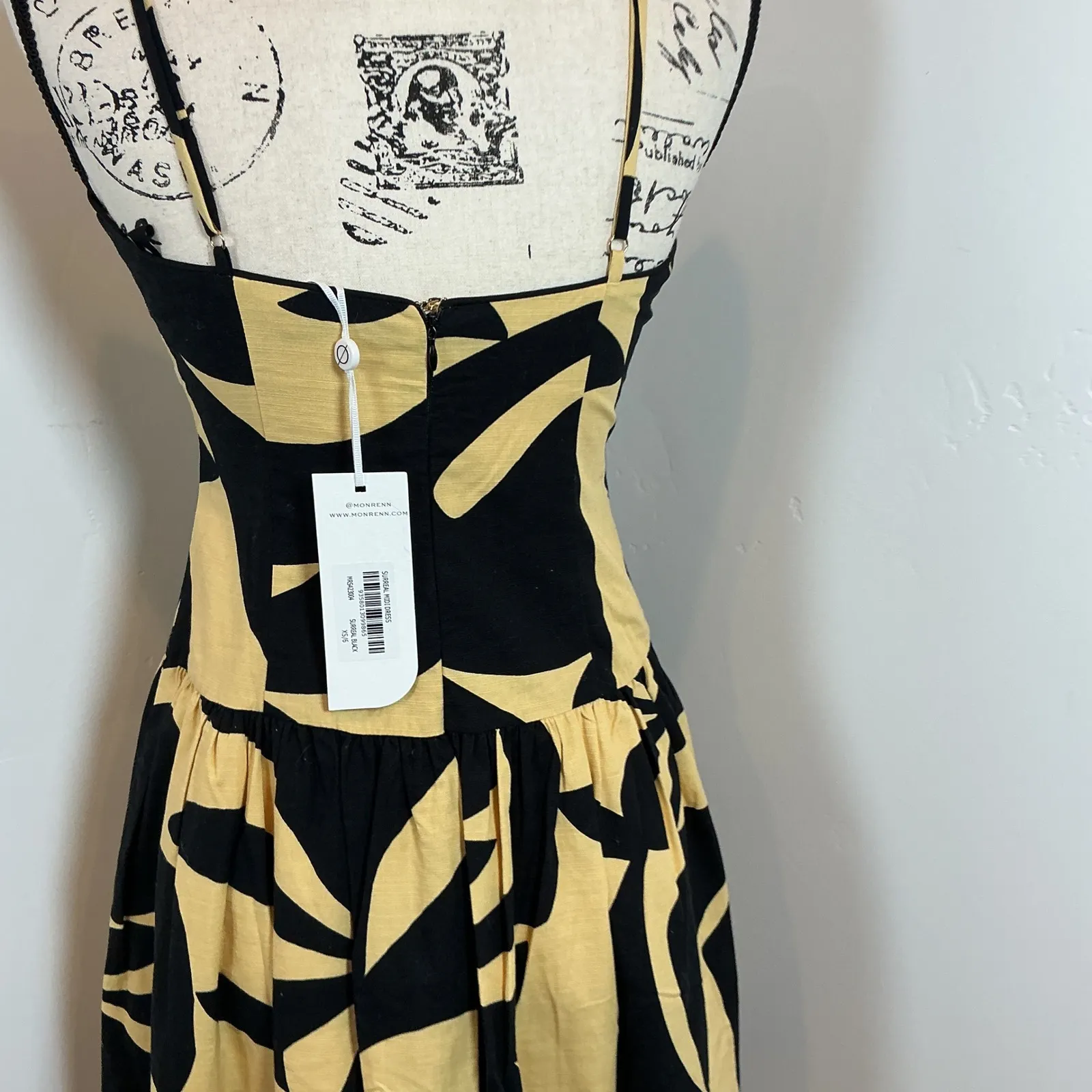 Mon‎ Renn Surreal Midi Dress XS Black Beige Sleeveless Abstract Print Tan - Image 5