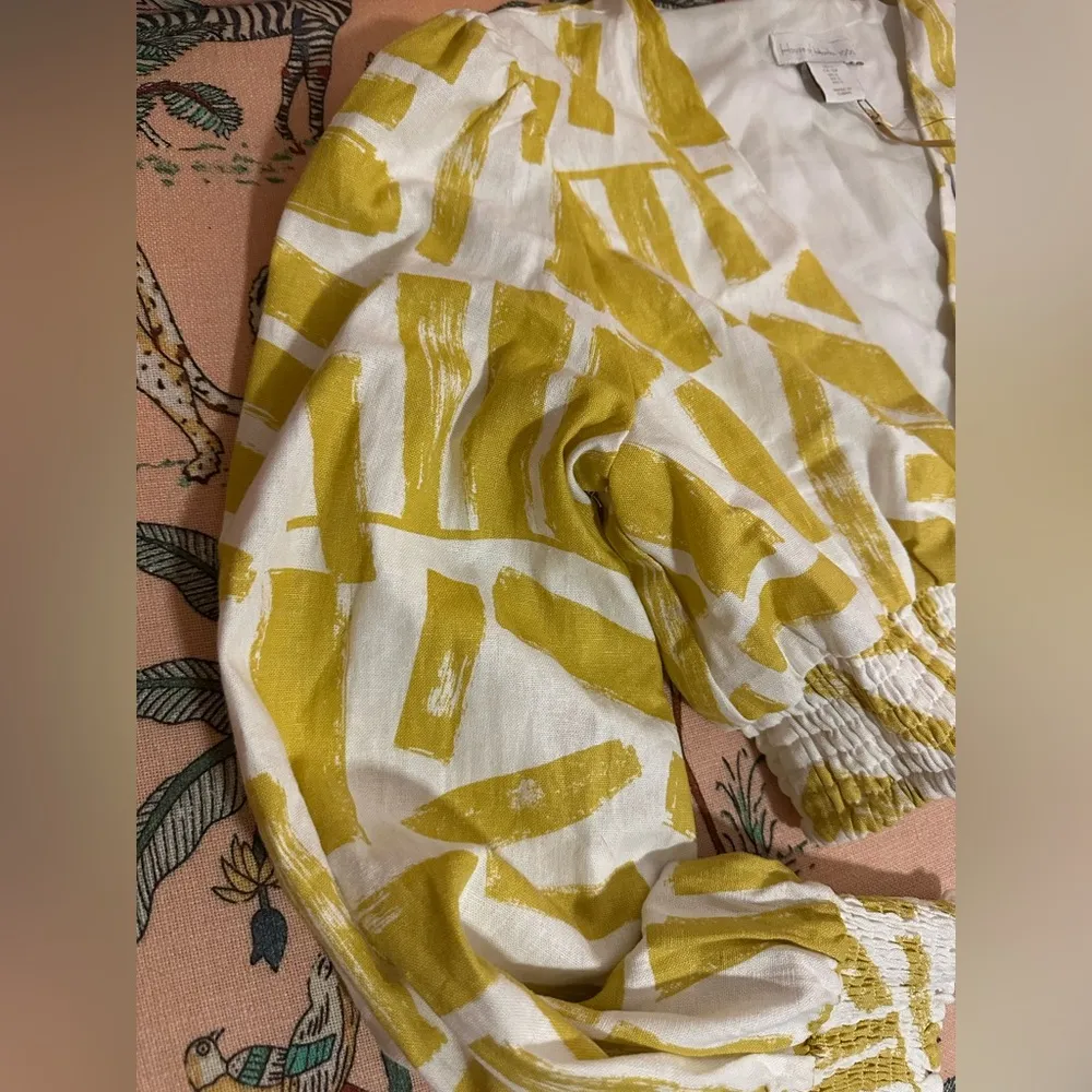 NWT House of Harlow 1960 Yellow Bohemian Stretch Long Sleeve Linen Blouse Shirt - Image 4
