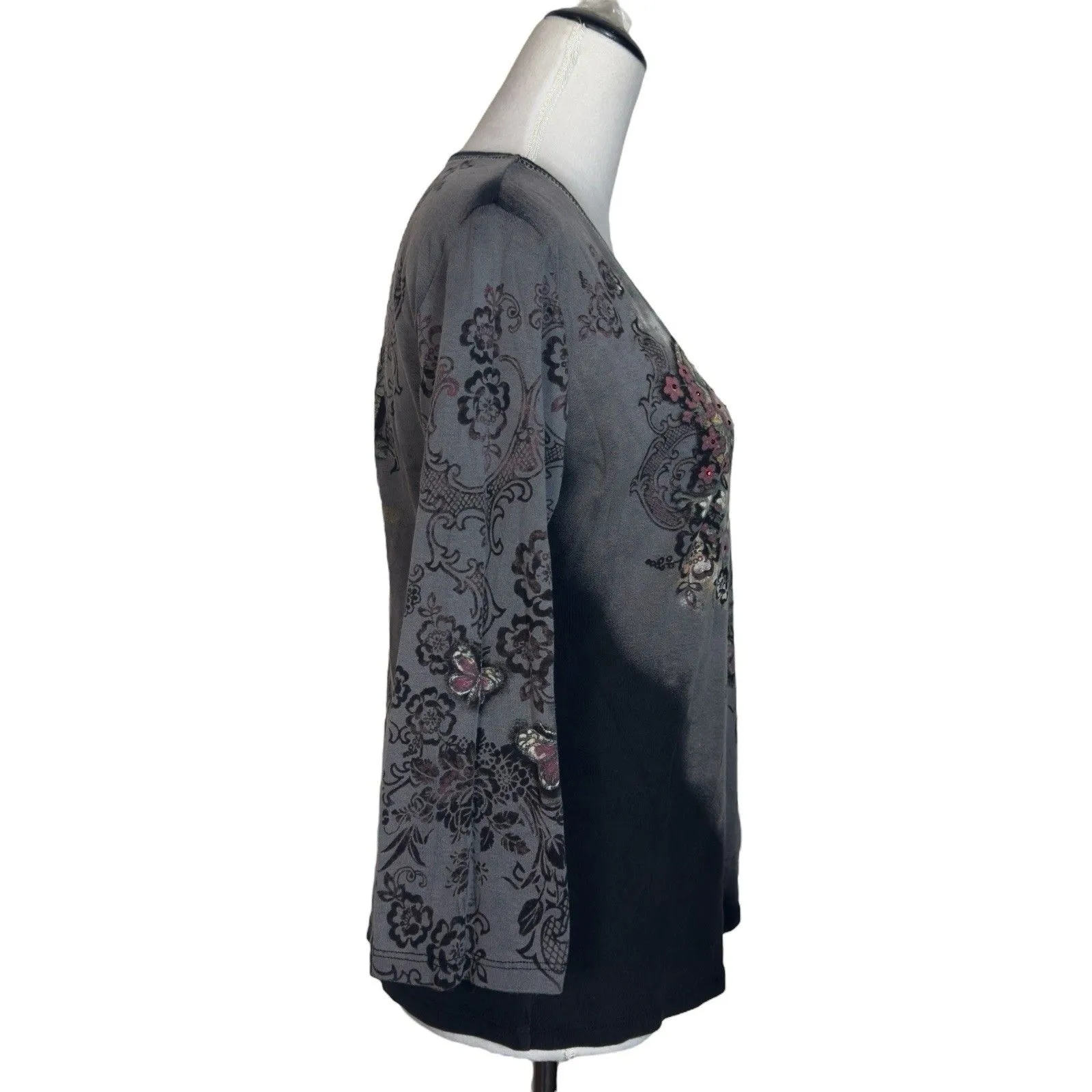 Vintage Jess And Jane Fairy Grunge Top L Rhinestone Butterfly Heart Dark Floral Black Size L - Image 4