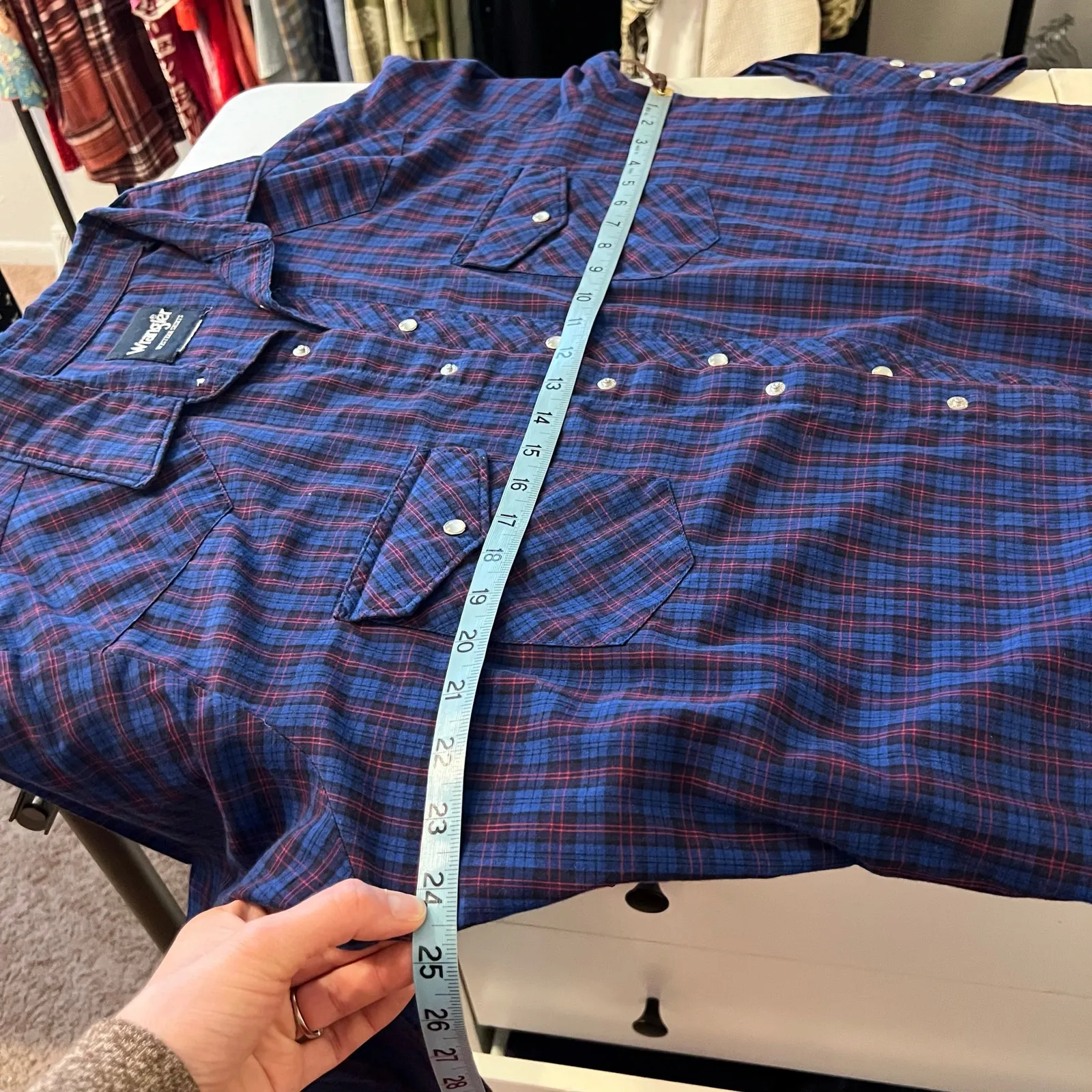 Vintage 90s Wrangler Blue & Red Cotton Plaid Pearl Snap Western Shirt Size XL - Image 9