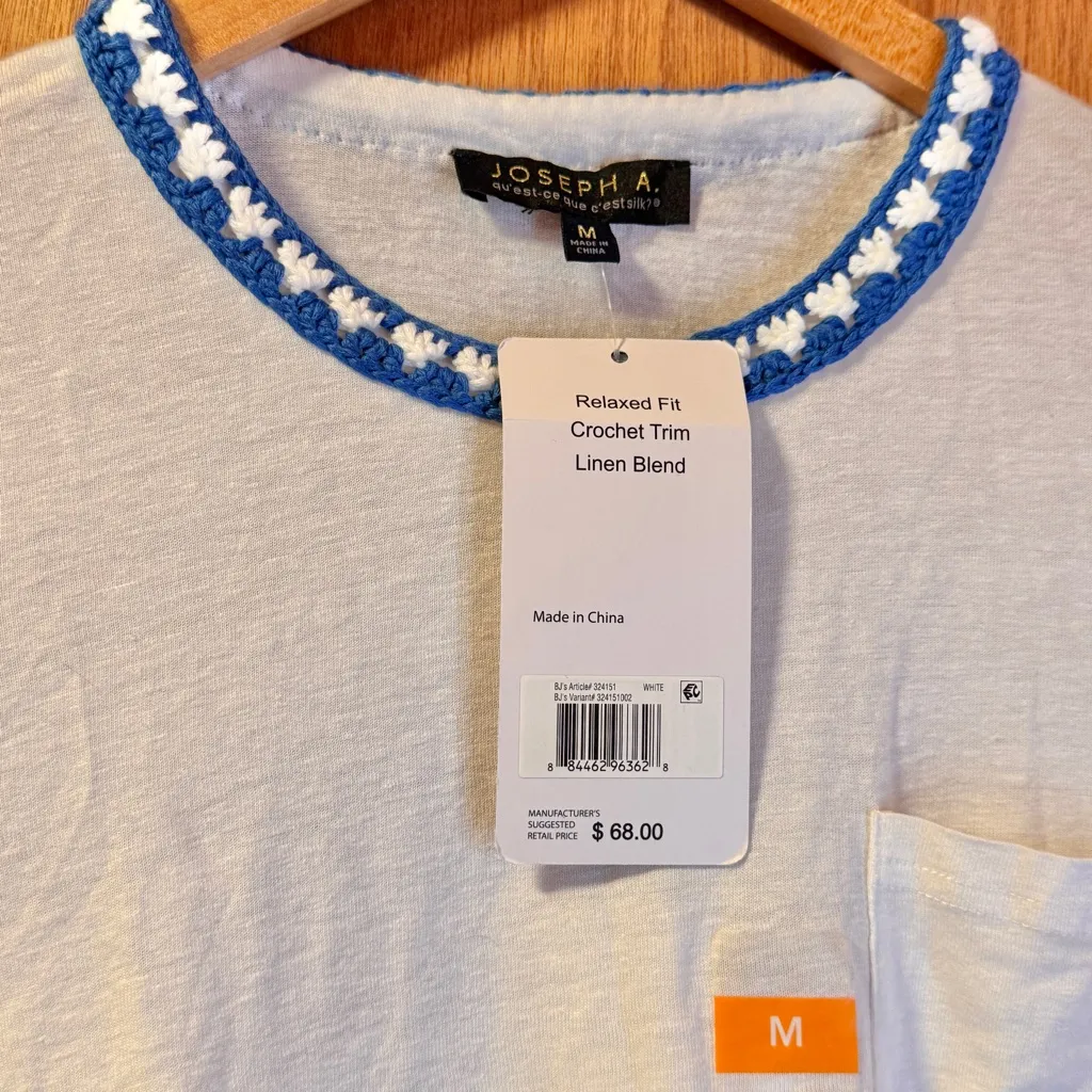 Joseph A Womens Short Sleeve Pocket Tee Retro Crochet Collar Cuff Linen White M - Image 5