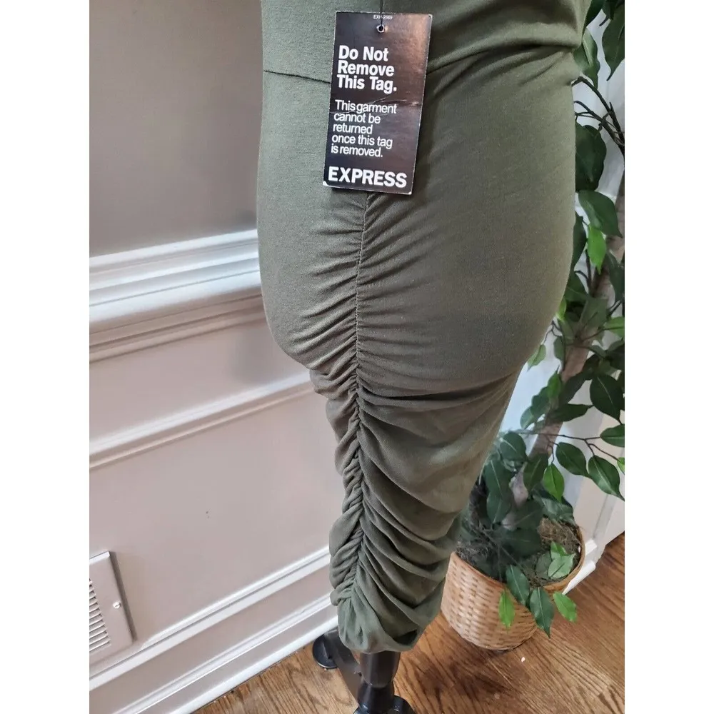 Express Women Green Solid Cotton Round Neck Long Sleeve Knee Length Dress Size M - Image 7