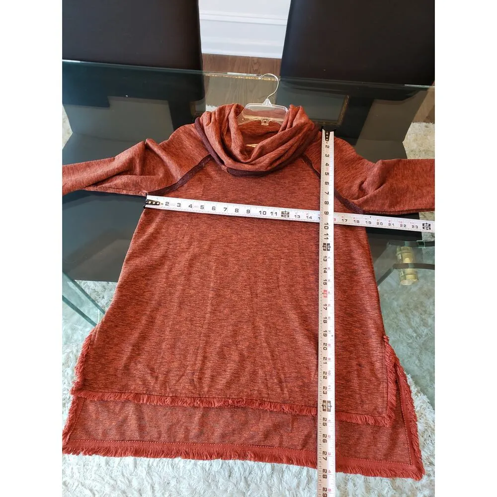 Umgee Sweater Women's Size Small Brown Cowl Neck Cotton Fringed High Low Slit - Image 8