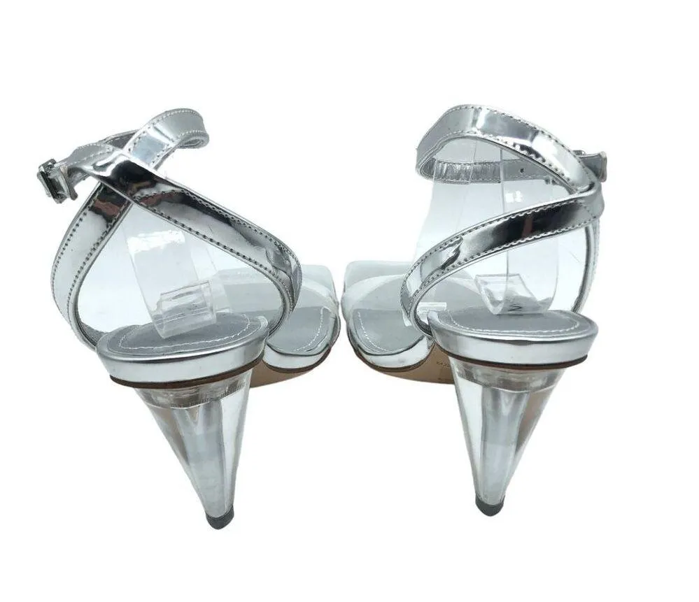Marc Fisher Breta Cone Heel Silver Clear Strappy Heeled Sandals Square Toe 6.5 M - Image 4