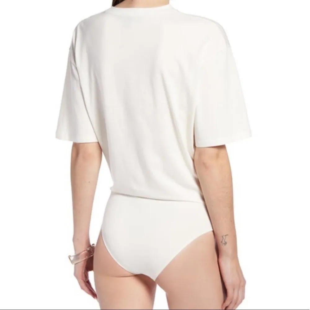 Something Navy Bodysuit Cream Gathered Tee Shirt Bodysuit Sz L EUC Blouson Fit - Image 3