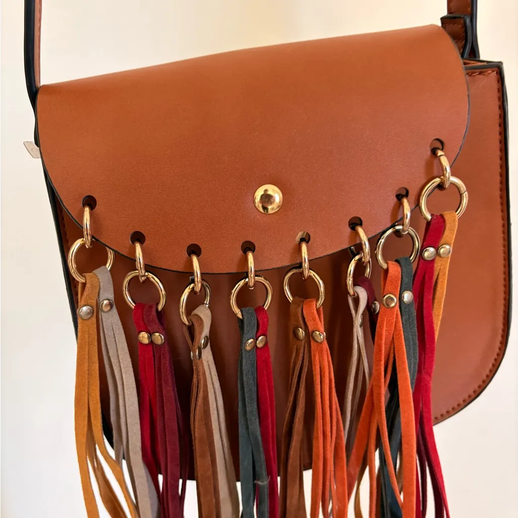 Elegant Tan Crossbody Bag with Colorful Tassels Brown - Image 2