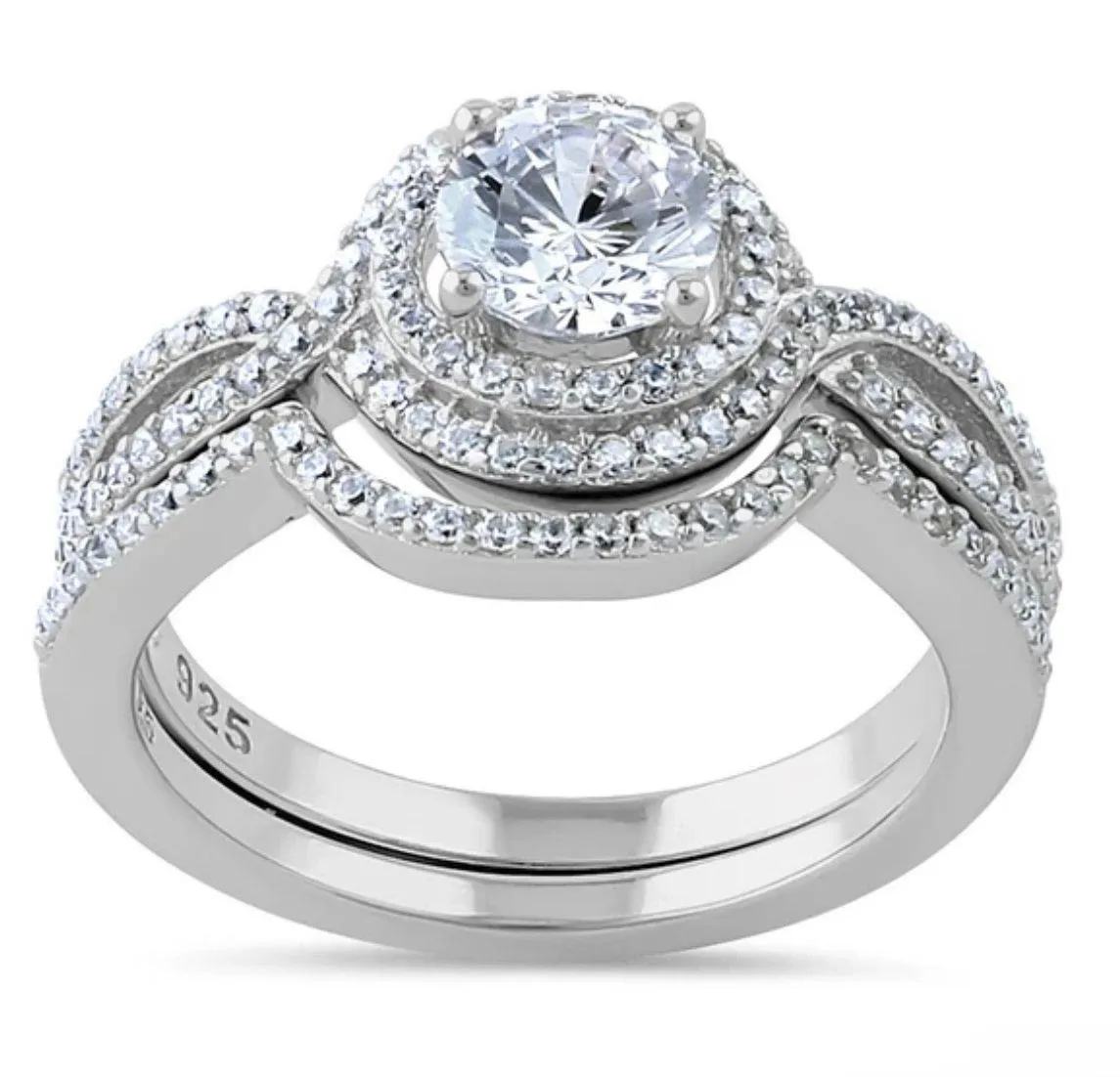 SIZE 9 925  Halo CZ Wedding Set Ring - Image 2