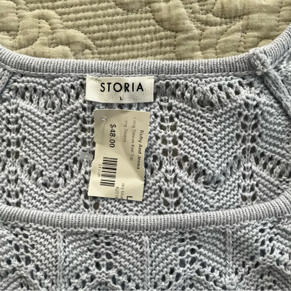 Storia light blue crochet square neck long sleeve size large - Image 2