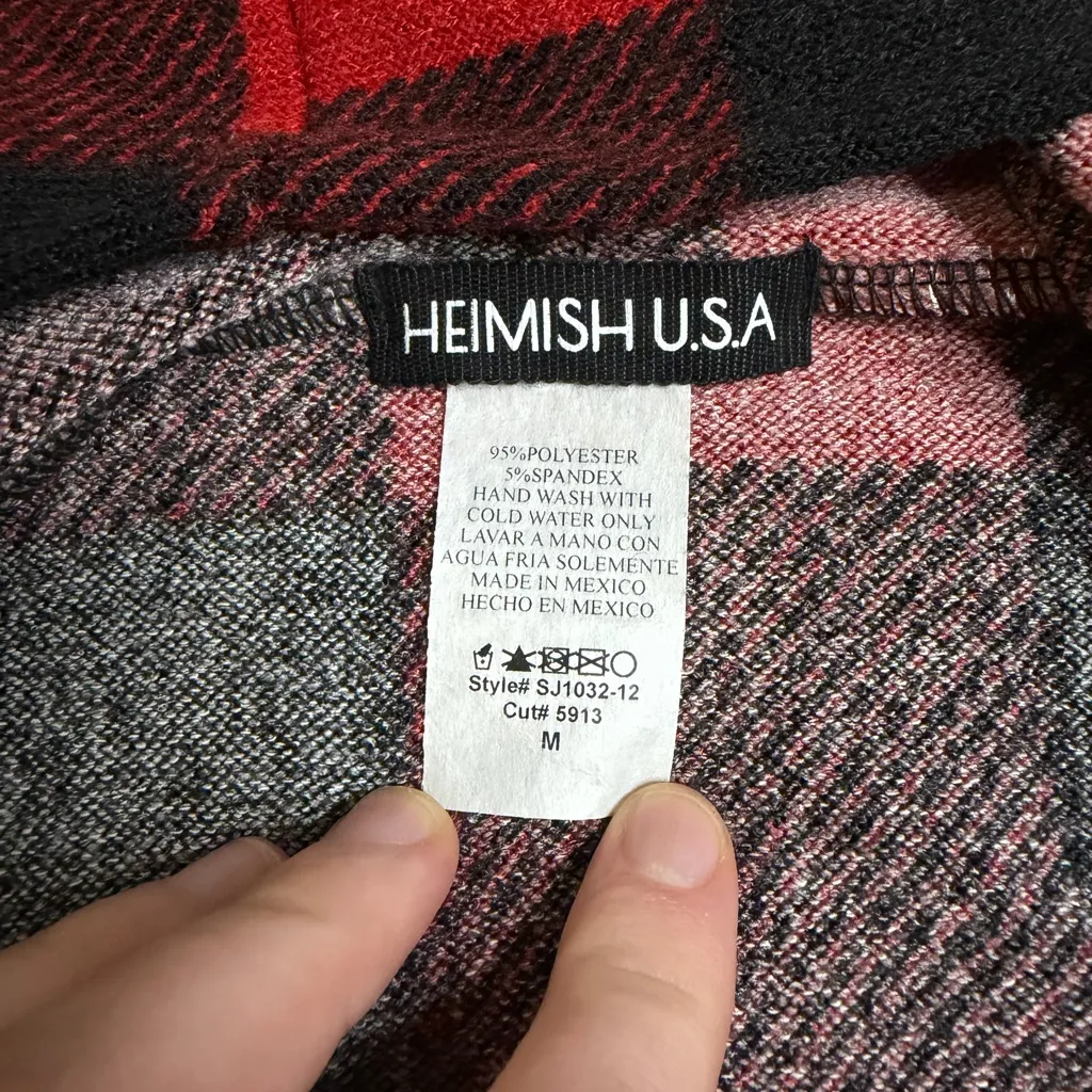 Heimish USA Buffalo Plaid Hooded Cardigan Red Black Checkered Open Front M Size M - Image 7