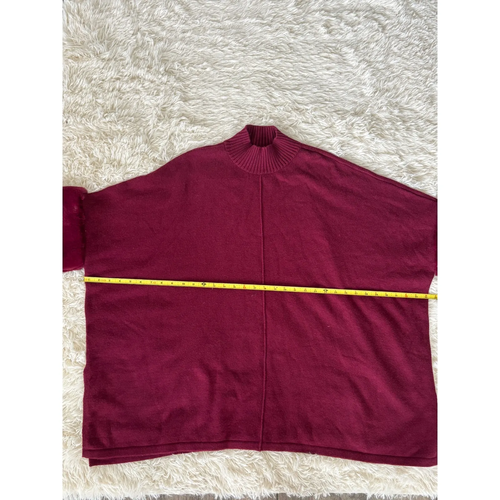 Alfani Sweater Poncho Women L Burgundy Knit Mock Neck Faux‎ Fur Cuff Wrap Coat - Image 5
