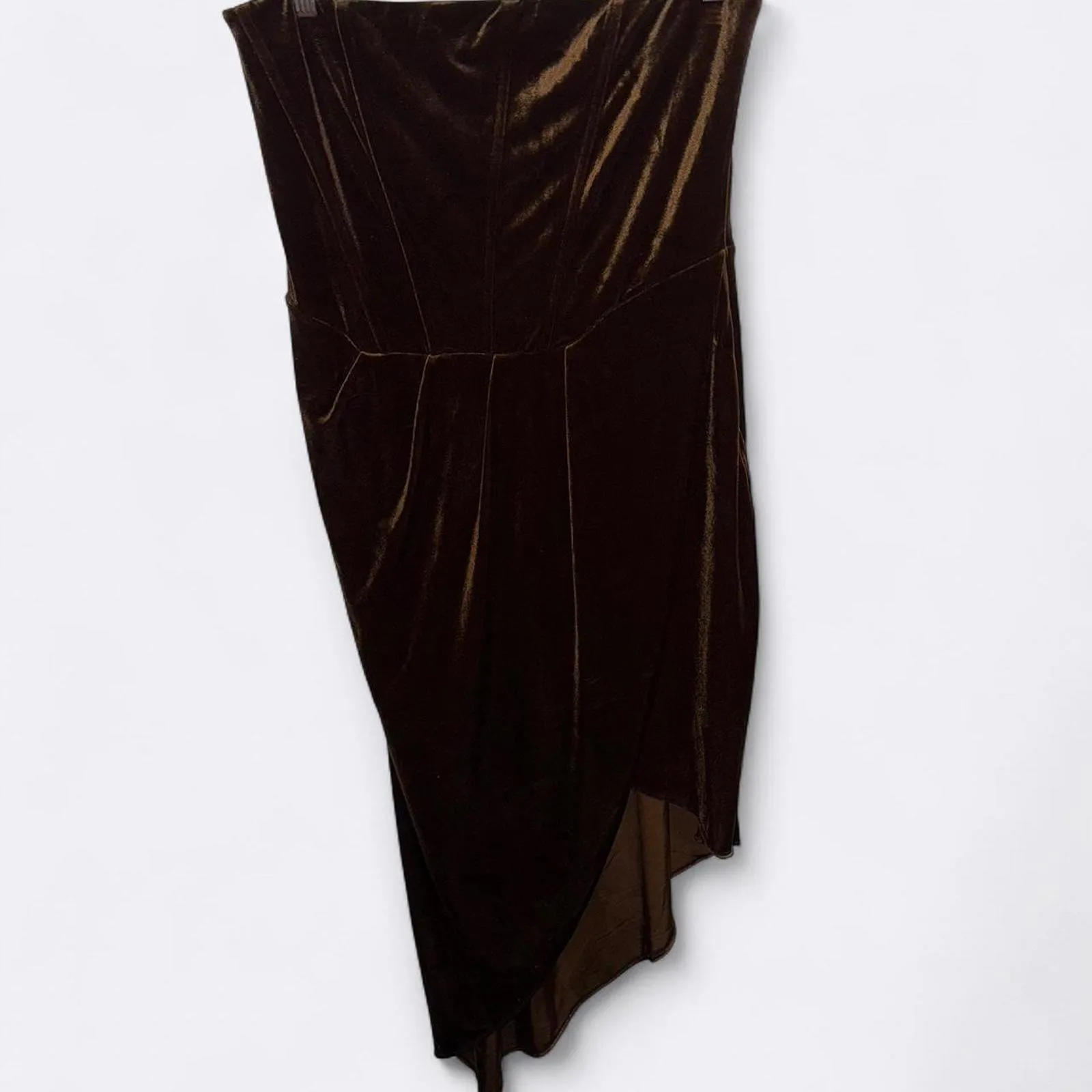 Express velvet strapless corset asymmetrical midi sheath dress in espresso color - Image 3