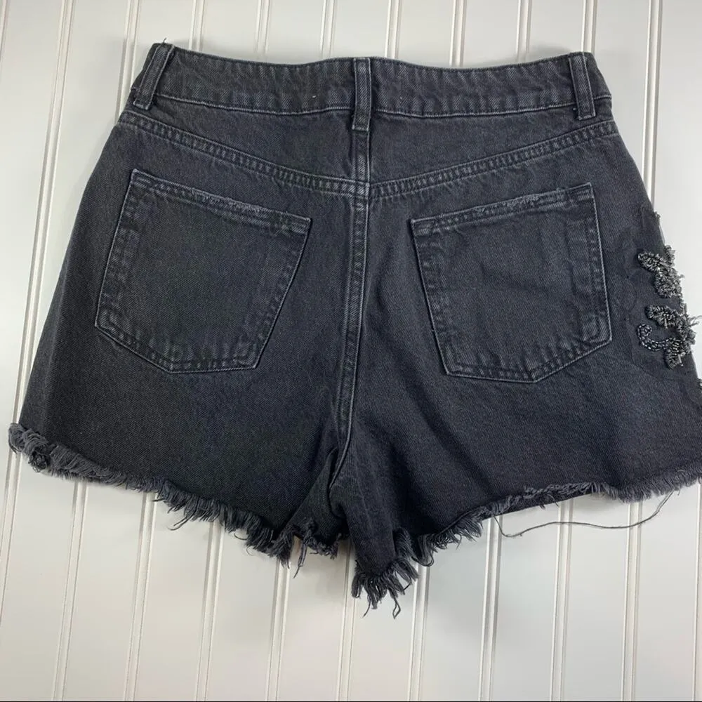 Zara Black High Waist Beaded Jean Shorts Sz 6 - Image 2