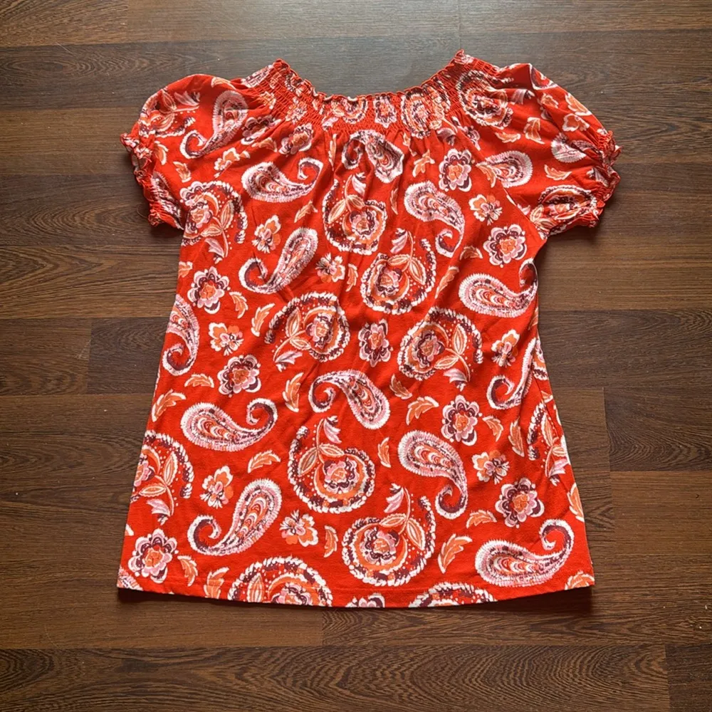 Basic Editions Ruched Short Sleeve Top Orange Floral Paisley Large - Image 4