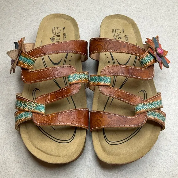 Spring Step‎ L’Artiste Mabel Sandal 38 Camel Floral Pink Stone - Image 4
