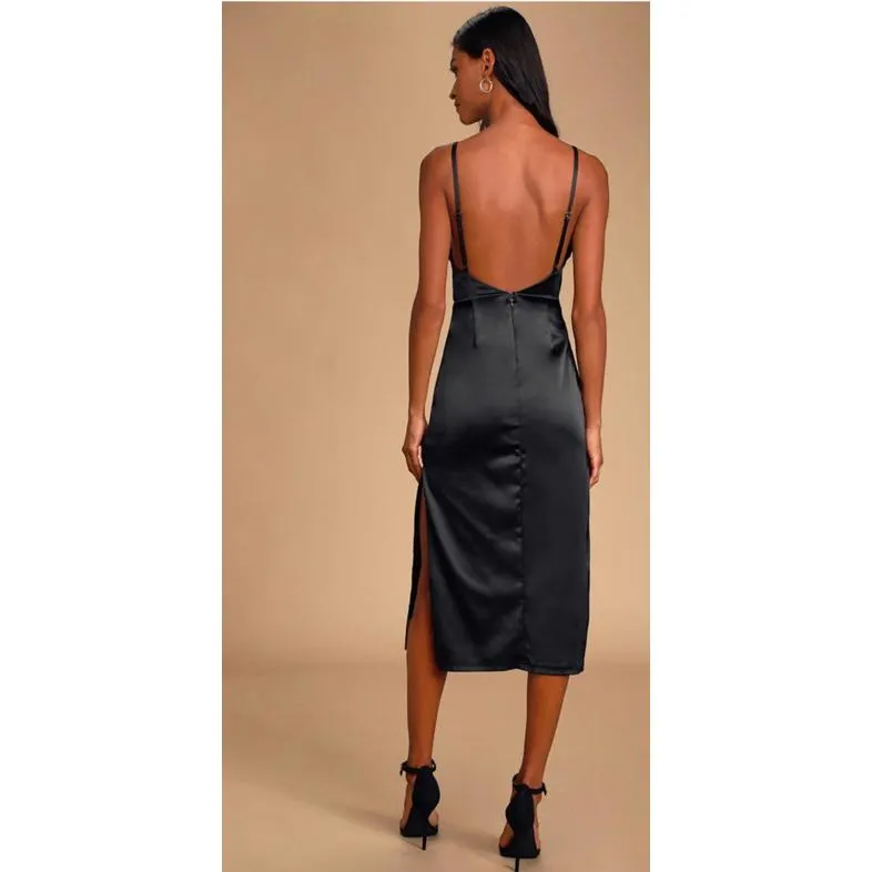 NWT Lulu's Kaisley navy Blue Satin Backless Midi Dress Medium - Image 3