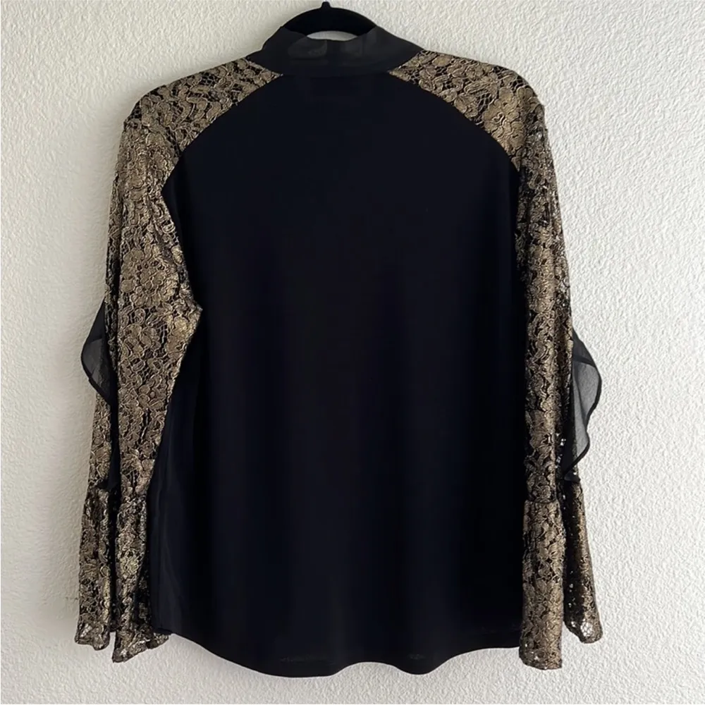 7th Avenue New York & Company Black Blouse Gold Lace Long Sleeves Neck Tie Large Multiple - Image 12
