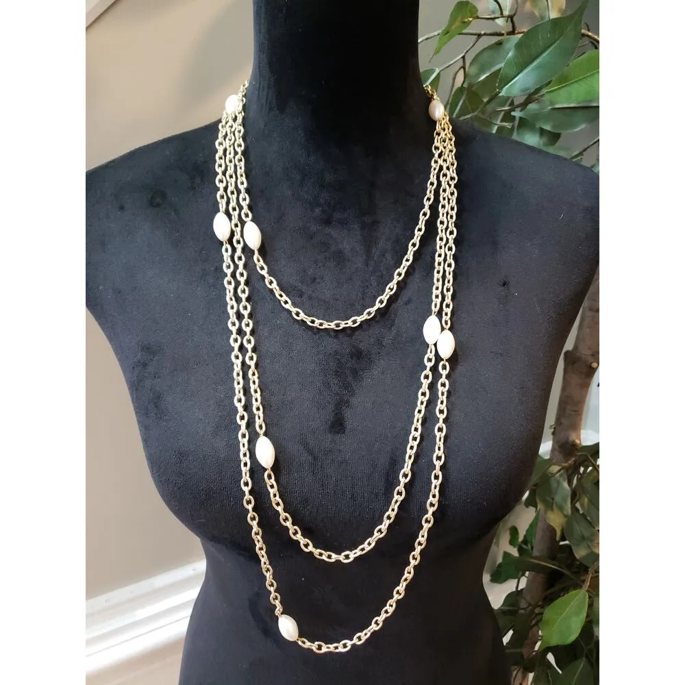 Women Gold Pearl Beaded Chain Necklace Long Layered Elegant Fashion Jewelry - Image 3