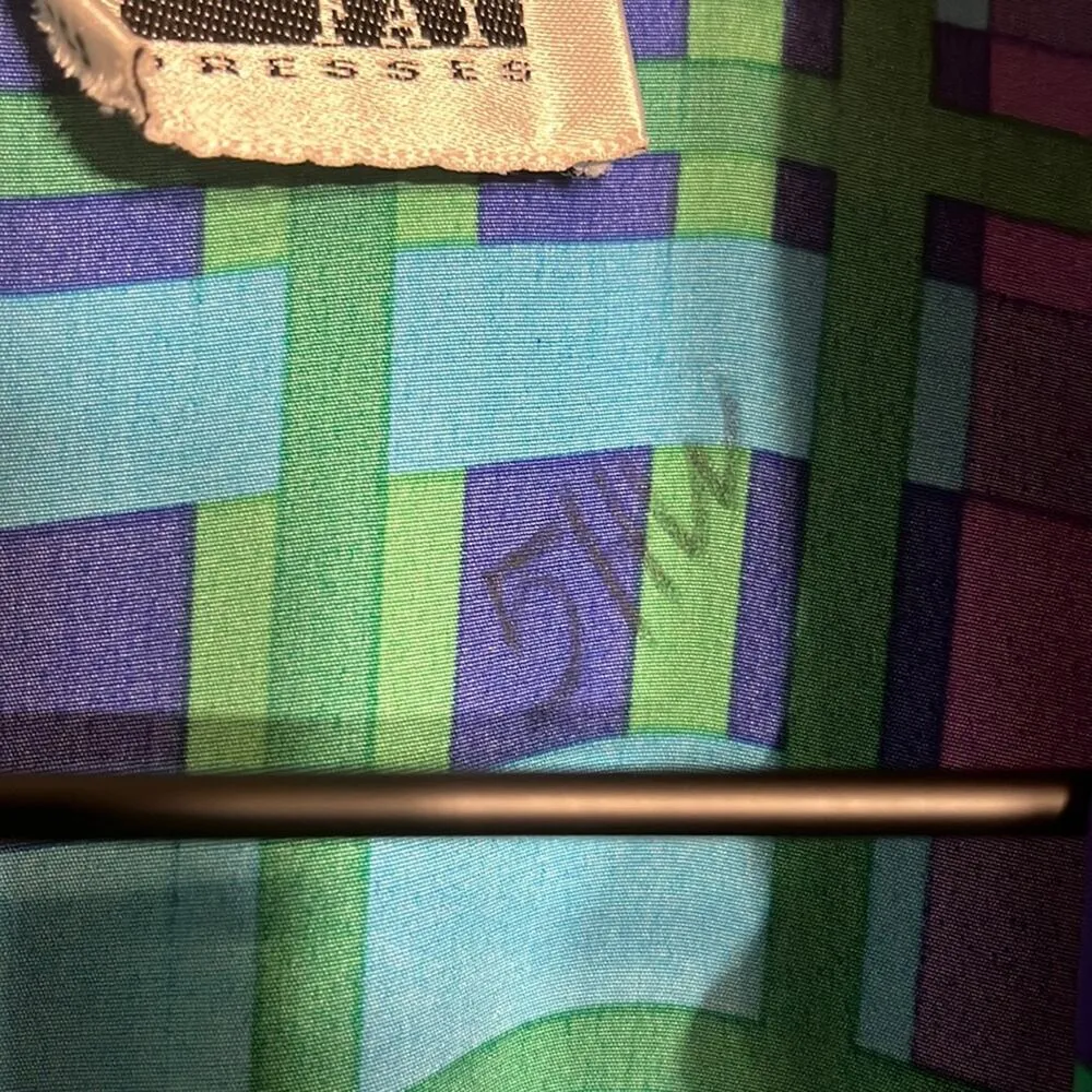 70s Vtg Long Slv Midi Dress Size Large Mock Neck Button Up Funky Pattern Retro - Image 11