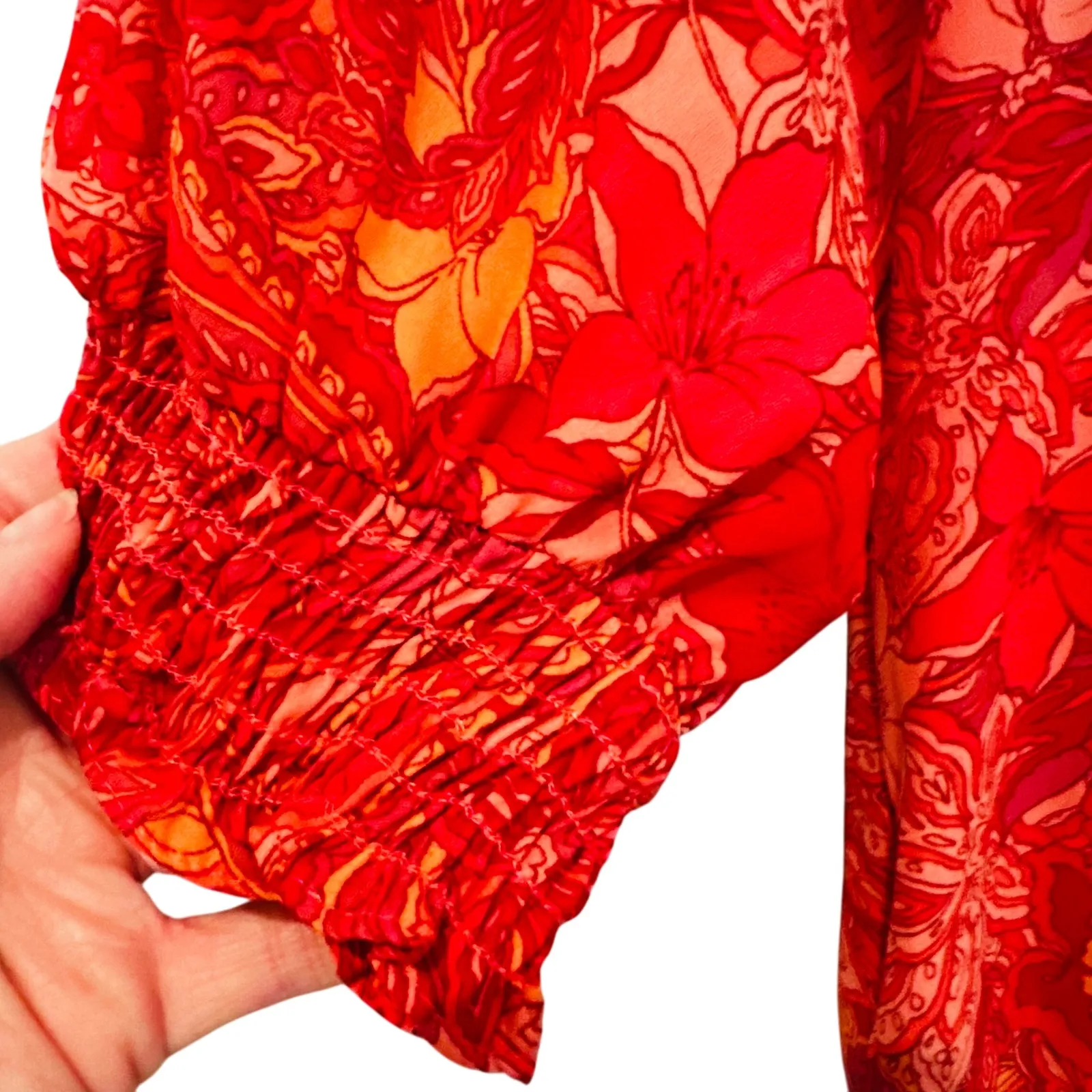 Evereve Floral Paisley Crepe V-Neck Blouse Women's Small‎ Coral Preppy Career - Image 5