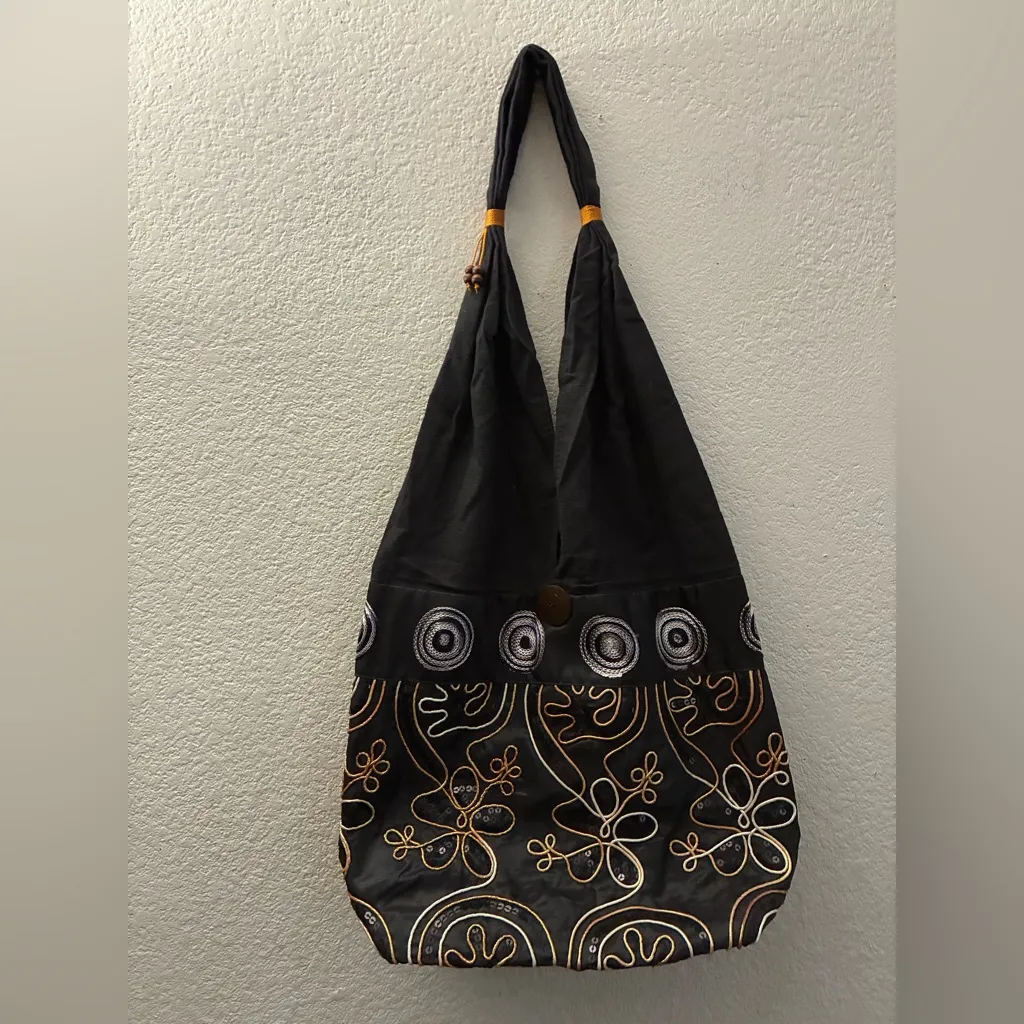 Brown Embroidered & Sequins Floral Cotton Shoulder Bag From Thailand - Image 2