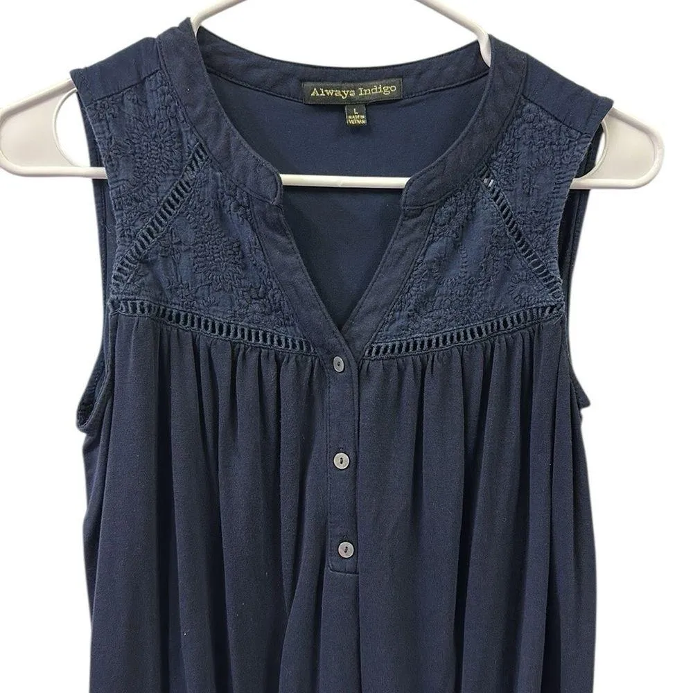 Always Indigo Navy Embroidery and Lattice Yoke Half Button Up Sleeveless Top L Blue Size L - Image 3