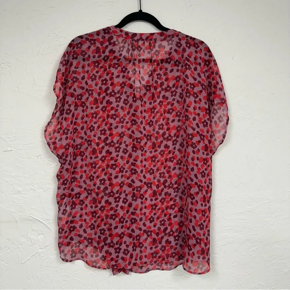 Logo Lori Goldstein Red Floral Sheer Button Down Shirt Women’s L Short Sleeve - Image 8