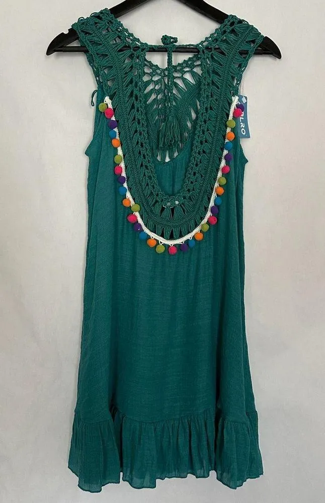 Aolro Teal Crochet Pom Pom Swim Coverup / Dress Size Small Resortcore Fringe Multiple - Image 9