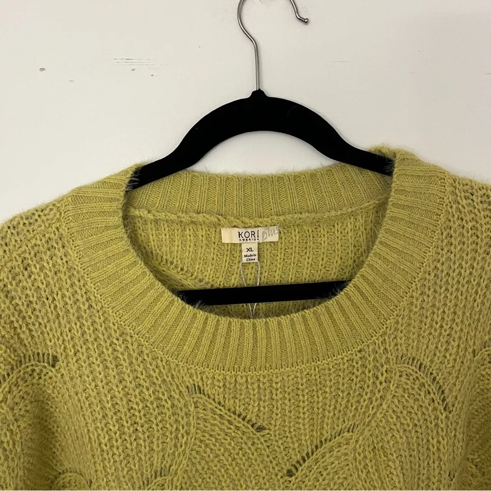 Kori American Plus Xl  green mustard yellow oversized cable knit sweater - Image 2