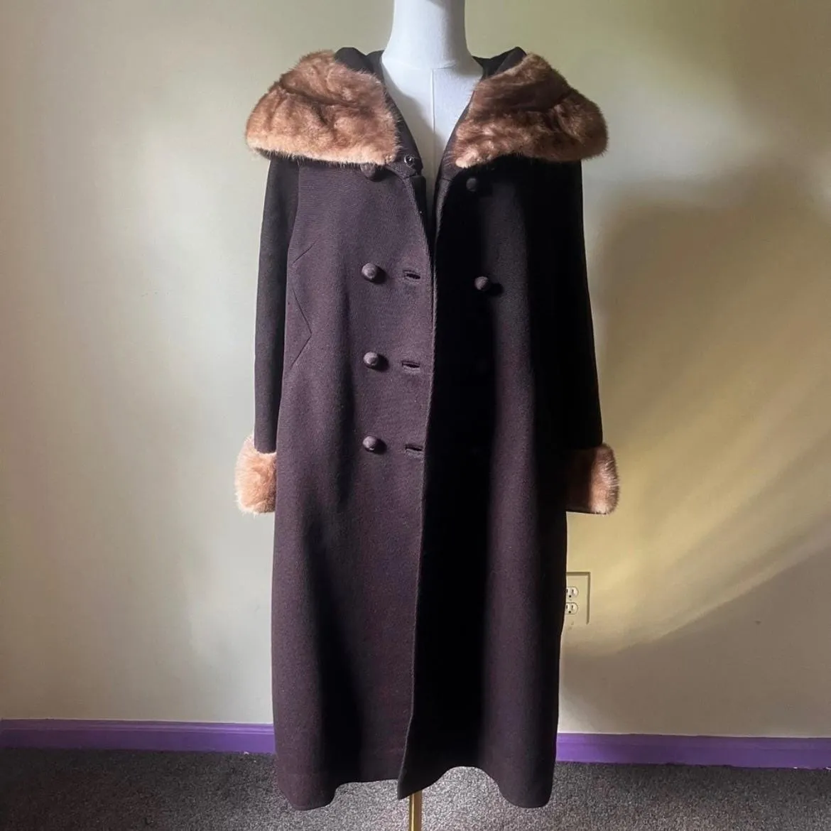 Vintage 1960s Richard H. Martin Brown Wool Coat‎ Mink Fur Collar & Cuffs L/XL - Image 10