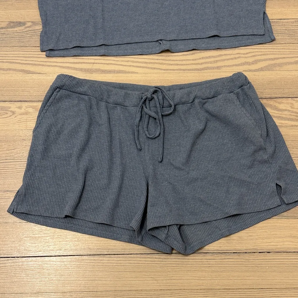 LUCKY BRAND Women’s Slate Blue Ribbed Tee & Shorts Matching Loungewear Set - Image 3