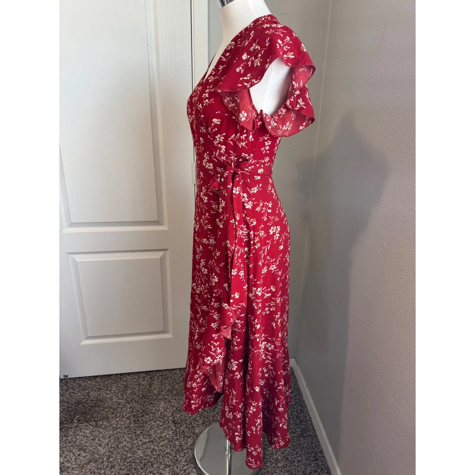 Shein‎ Floral Wrap Dress Ruffle Sleeve Midi Dress Red XS - Image 5