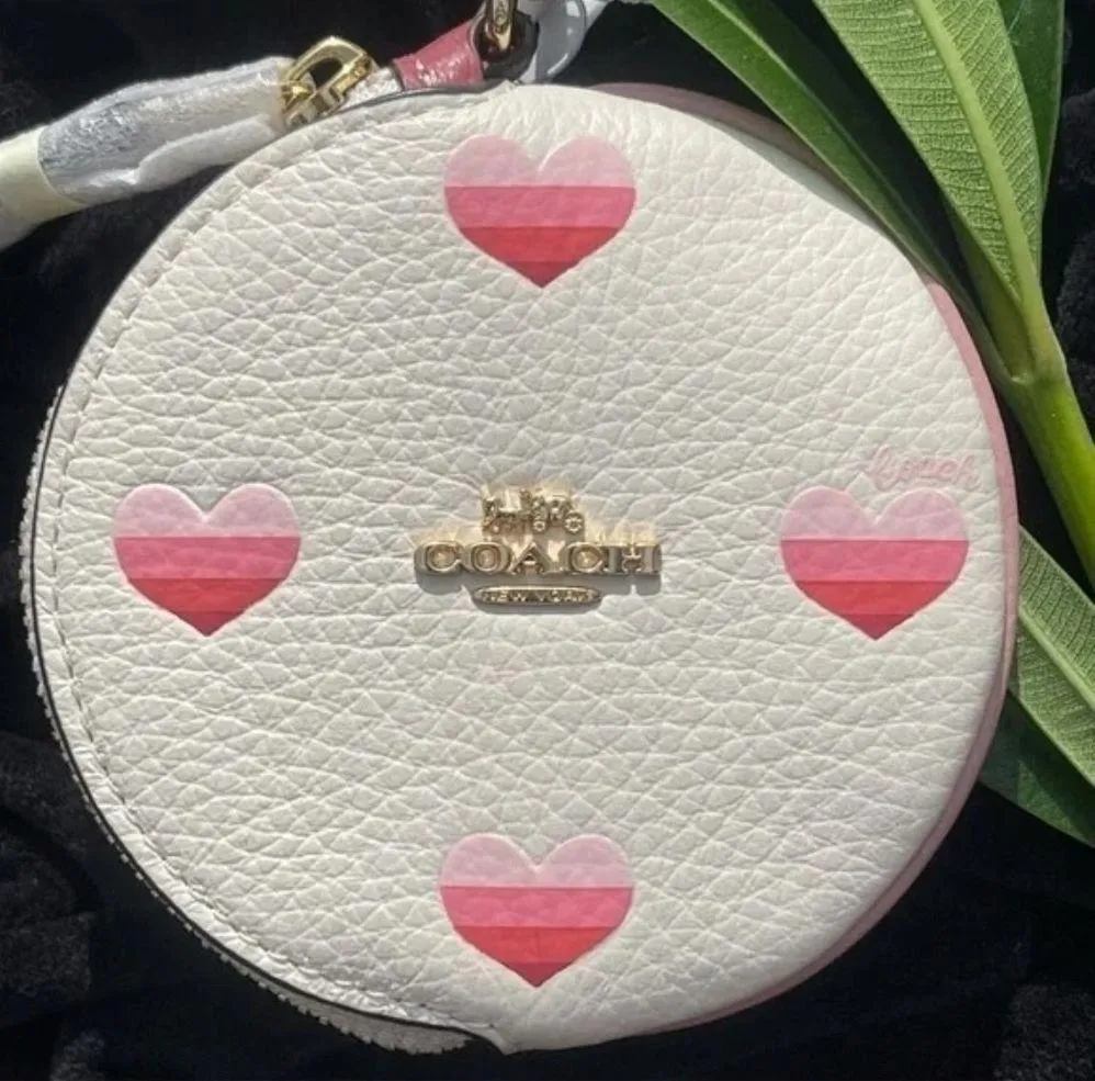 COACH Leather Heart Print Circular Coin Pouch & Keychain New w Tag - Image 2