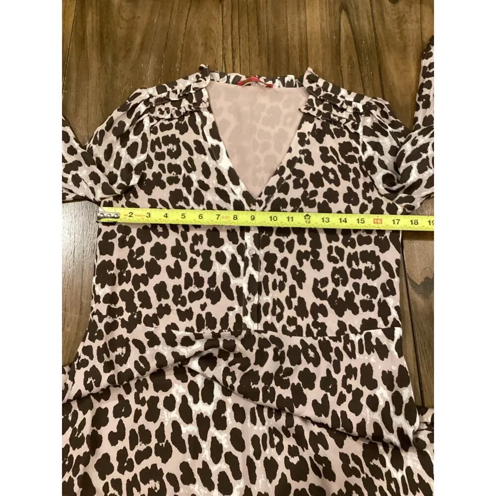 Elaine Turner Leopard Long Sleeve tunic Swing knee length silk Dress V Neck S - Image 6