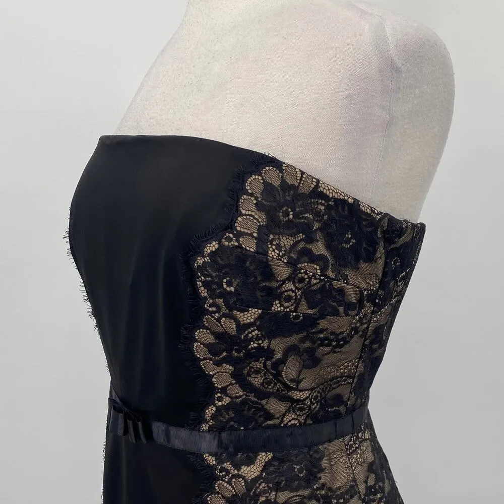 Vintage 90s Tadashi Strapless Mini Sheath Dress Lace Side Panels Satin Black 10 - Image 5