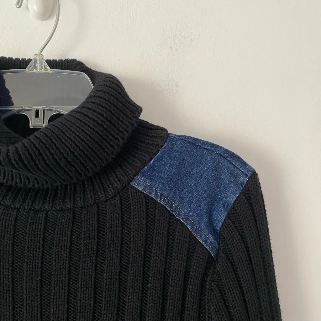 525 America Black Cotton Knit Turtleneck Cable Sweater Denim Detail size medium - Image 3