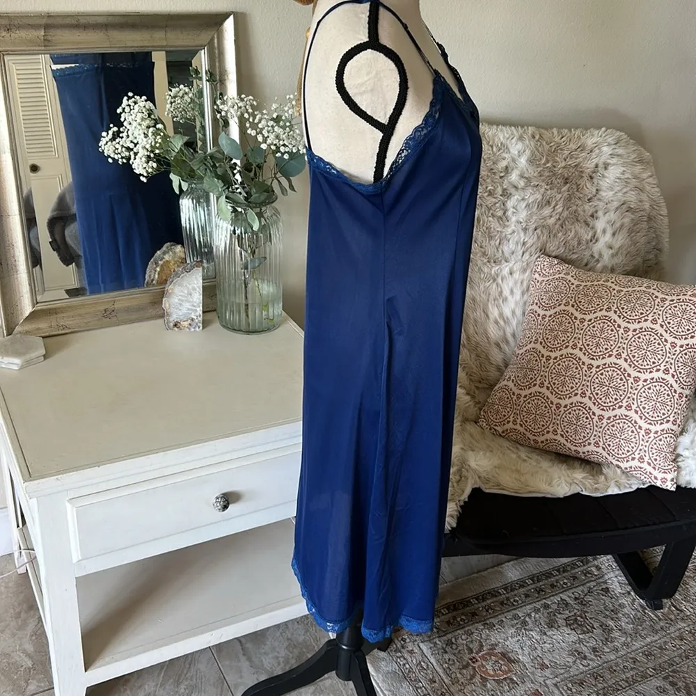 Vintage navy blue lace trim dainty feminine romantic midi slip dress med​ - Image 6