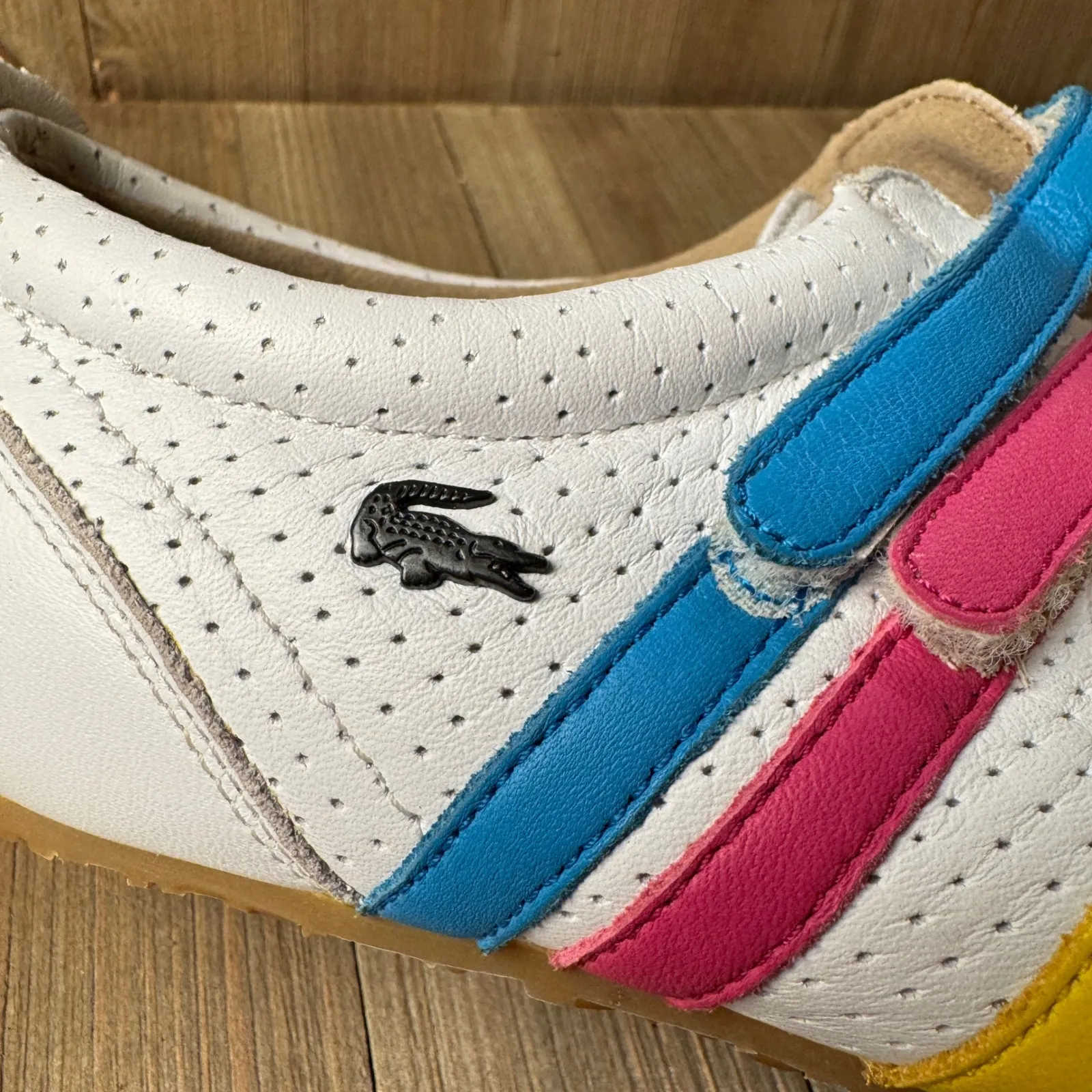 Lacoste Mystere Punched White Leather Colorful Strap Comfort Sneakers Womens 7.5 - Image 7