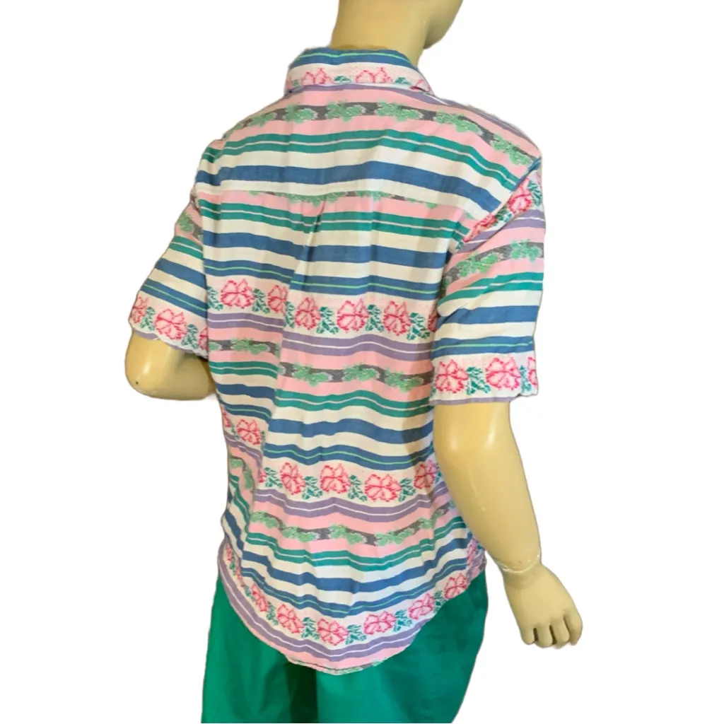 VINTAGE CABIN CREEK PINK, BLUE & WHITE FLORAL & STRIPE COTTON SHORT SLEEVE TOP L - Image 4