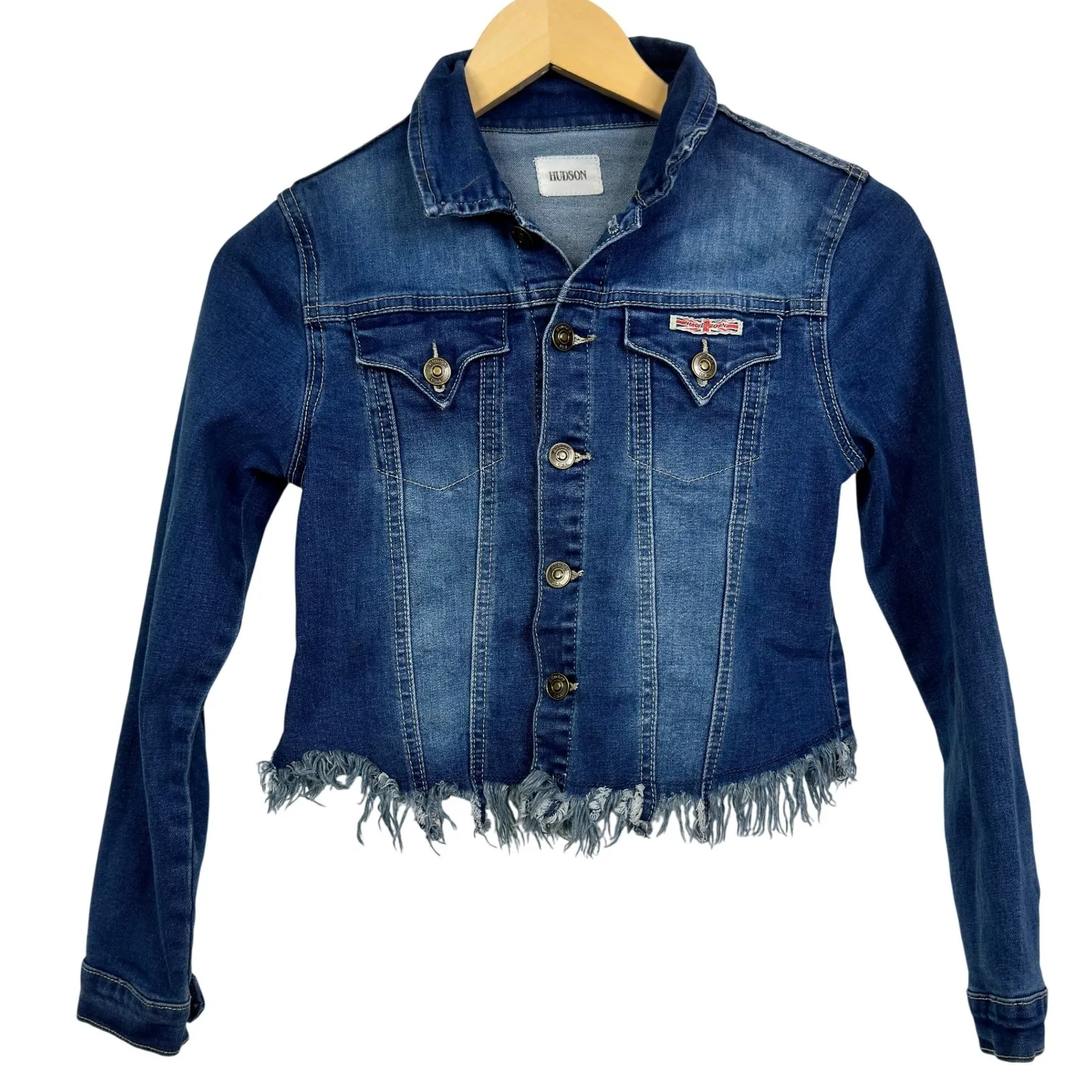 Hudson Denim Jacket Crop Frayed Hem Blue Size Medium - Image 2