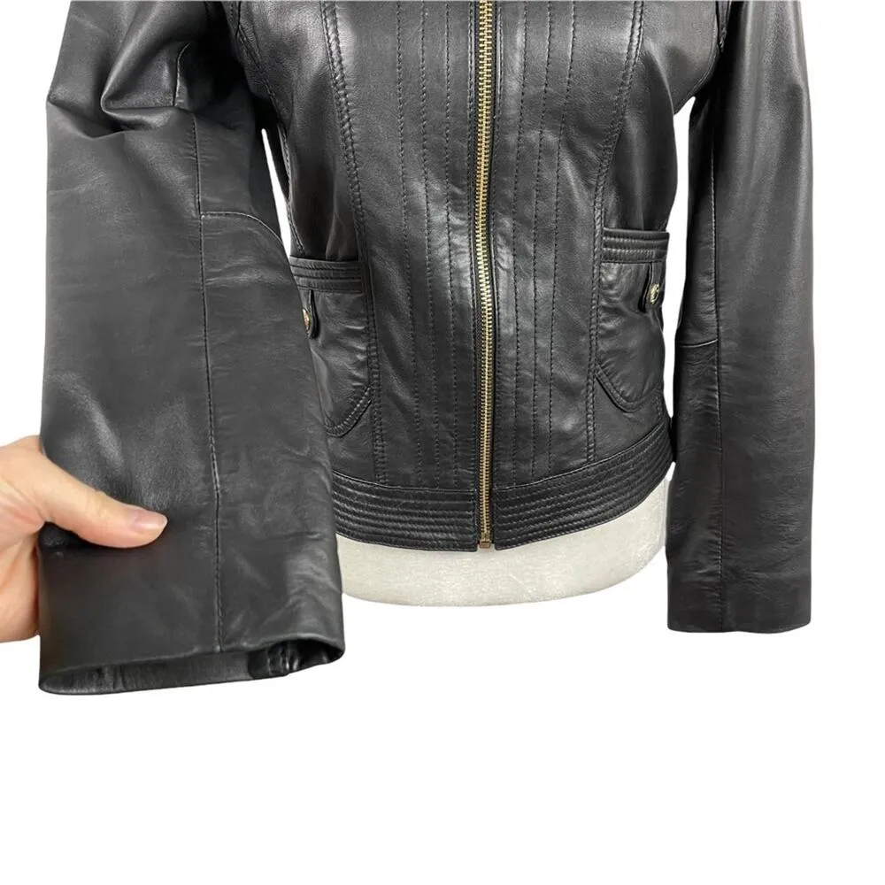 Michael Kors Missy Wing Collar Black Leather Moto Jacket Size XS $695 - Image 7