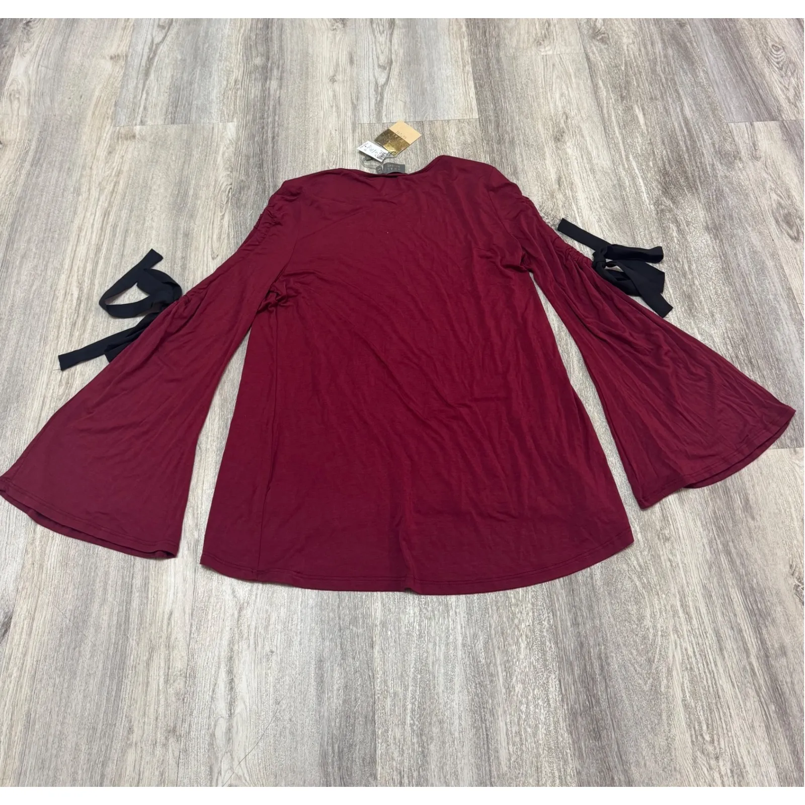 DUAL NATURE Womens Burgundy Long Sleeve Tie‎ Detail Ruched Sleeve Top Size M Red Size M - Image 2