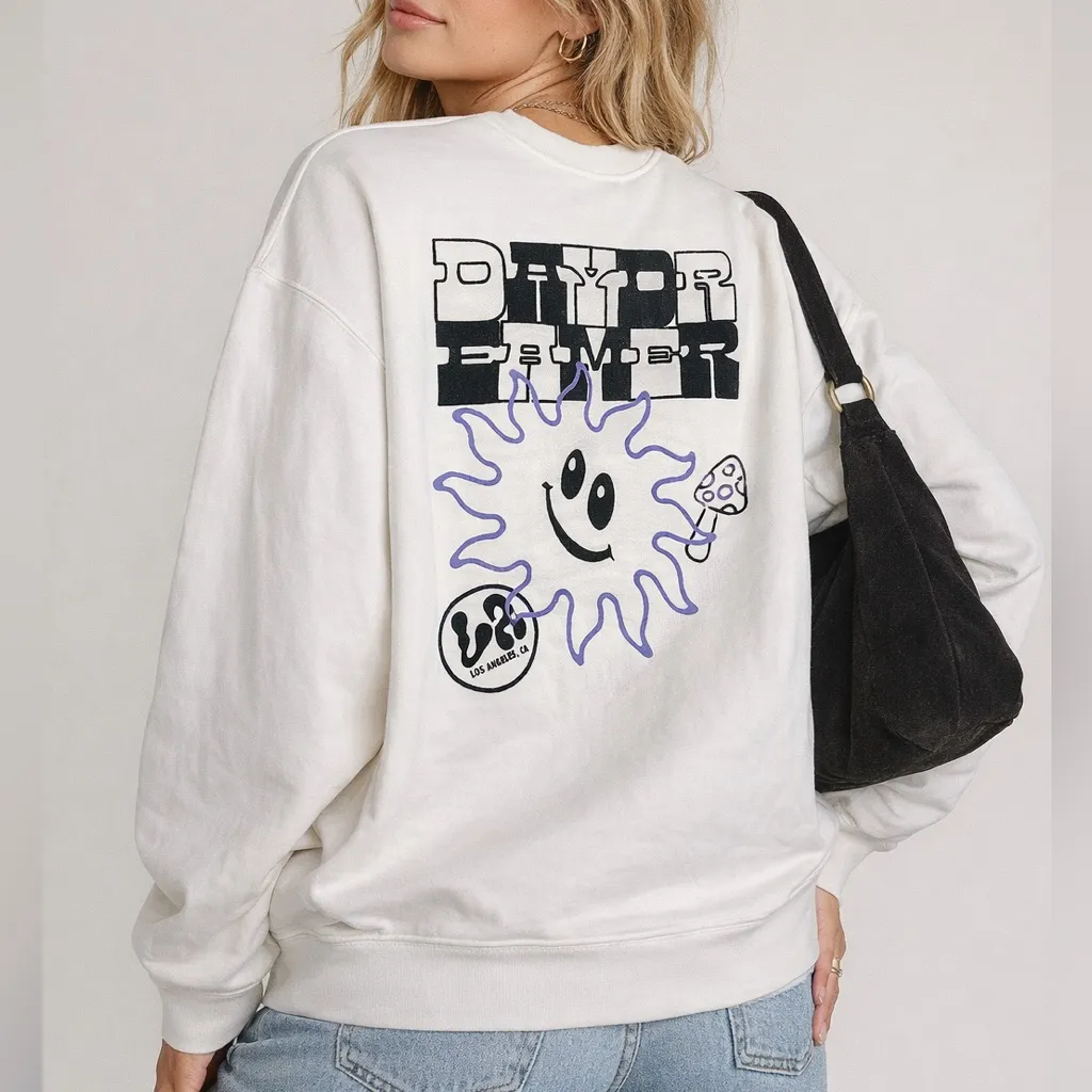 Daydreamer LA Black & White Sun & Mushroom Crewneck Sweatshirt - Size Large - Image 2