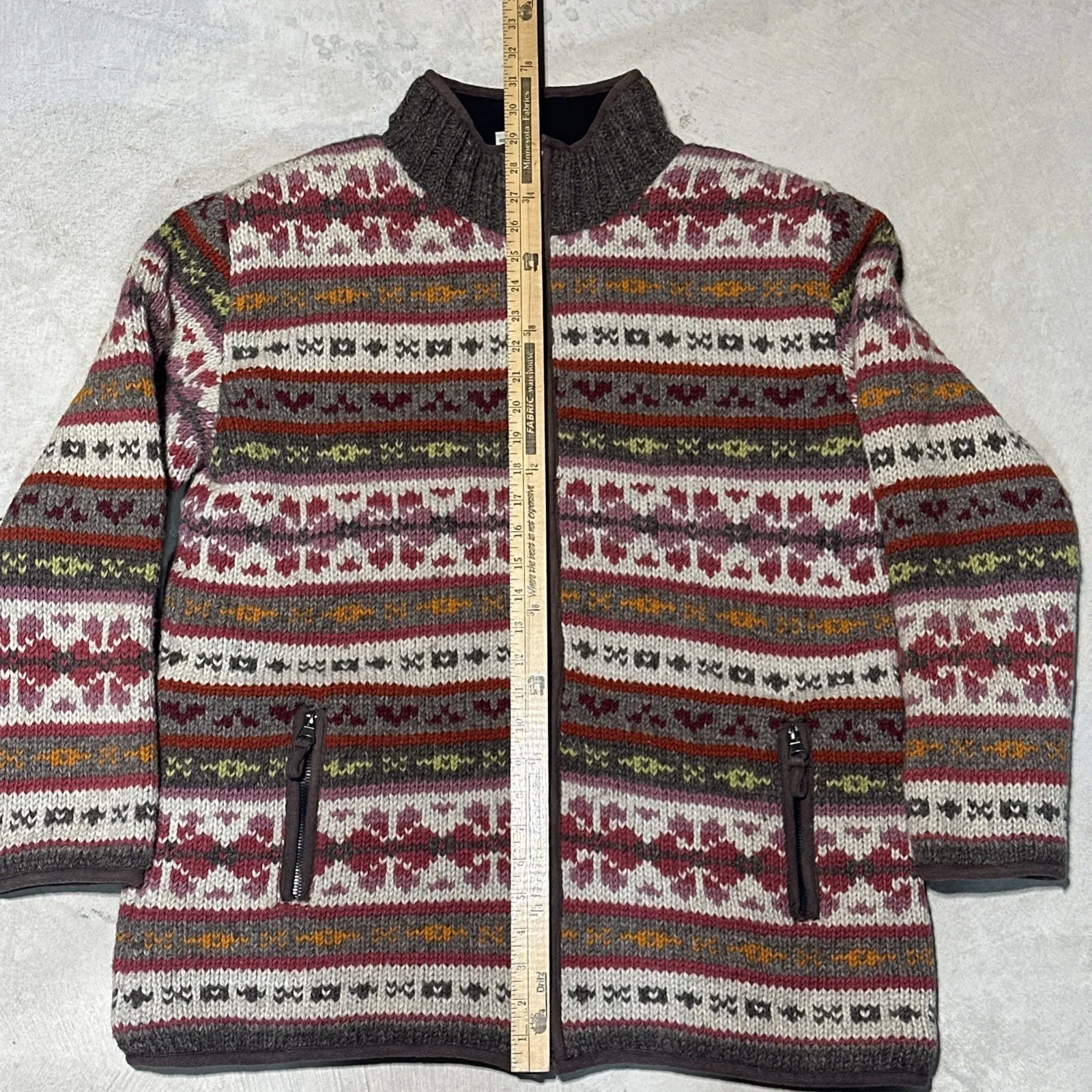Pachamama Fair Isle 100% Handmade Wool Knit Jumper Woman's SZ L Jacket Zip Up Size L - Image 5
